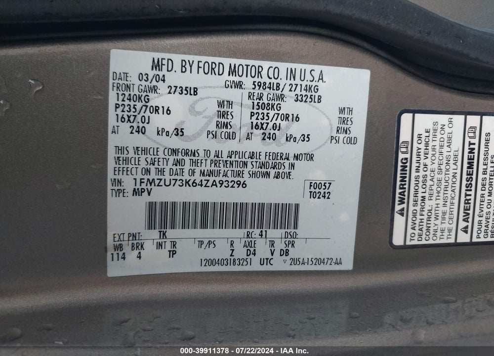 2004 FORD EXPLORER NBX/XLT VIN: 1FMZU73K64ZA93296