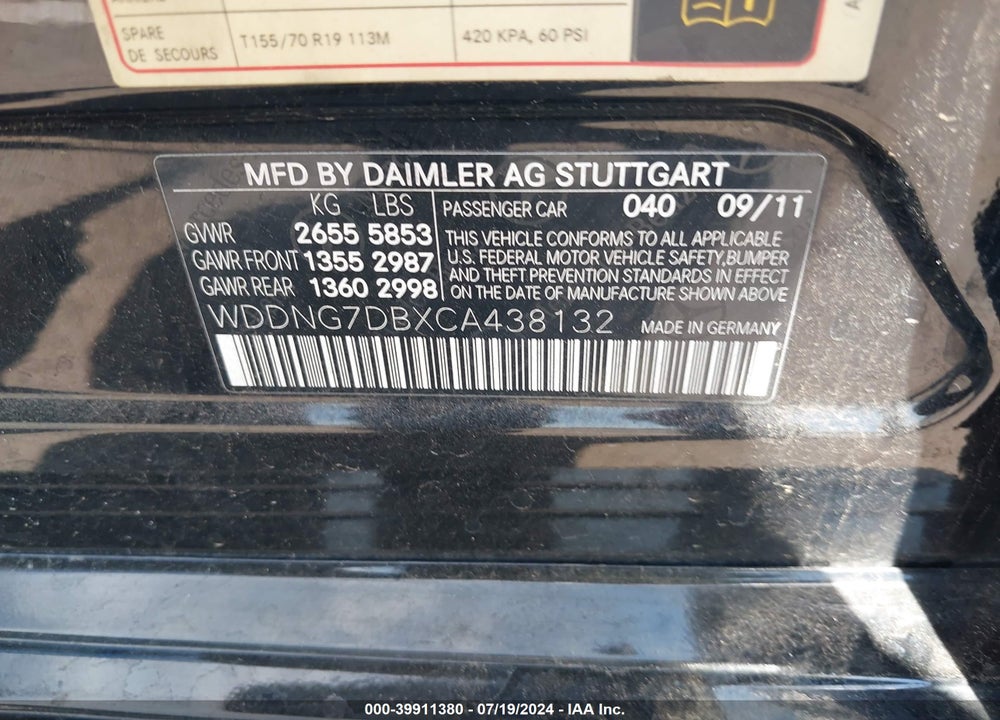 2012 MERCEDES-BENZ S 550 VIN: WDDNG7DBXCA438132