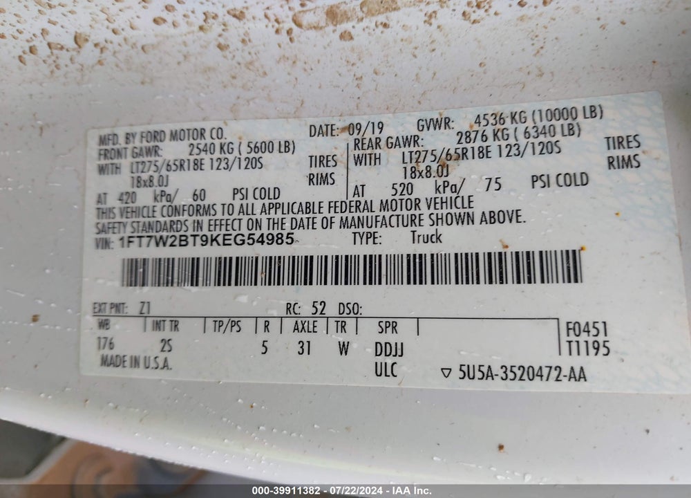 2019 FORD F-250 XLT VIN: 1FT7W2BT9KEG54985