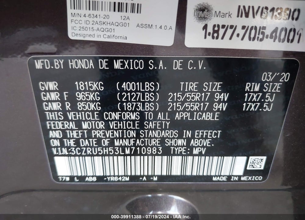 2020 HONDA HR-V 2WD EX VIN: 3CZRU5H53LM710983