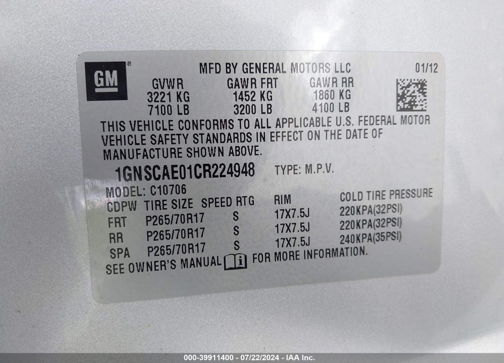 2012 CHEVROLET TAHOE LS VIN: 1GNSCAE01CR224948