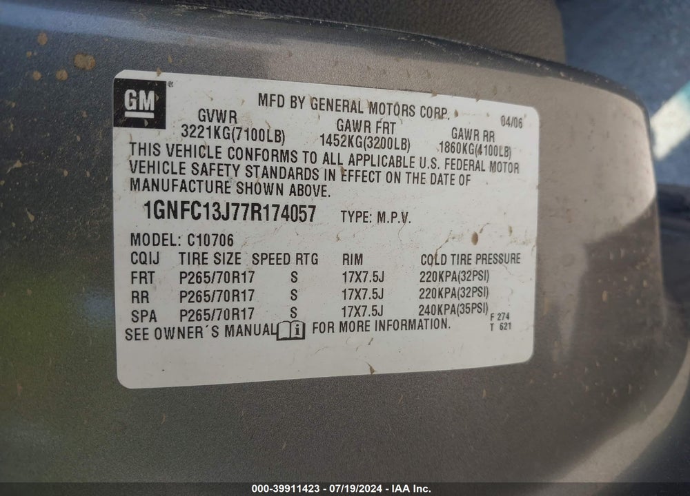 2007 CHEVROLET TAHOE VIN: 1GNFC13J77R174057