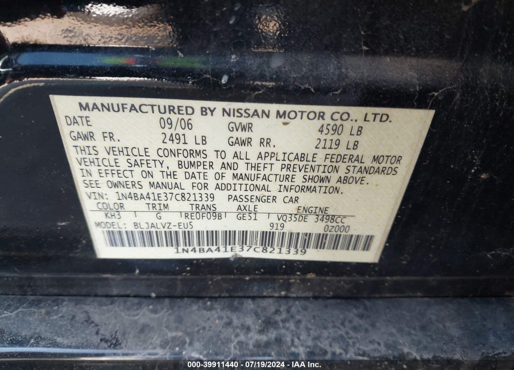 2007 NISSAN MAXIMA 3.5 SE VIN: 1N4BA41E37C821339