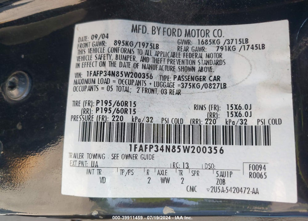 2005 FORD FOCUS ZX4 VIN: 1FAFP34N85W200356