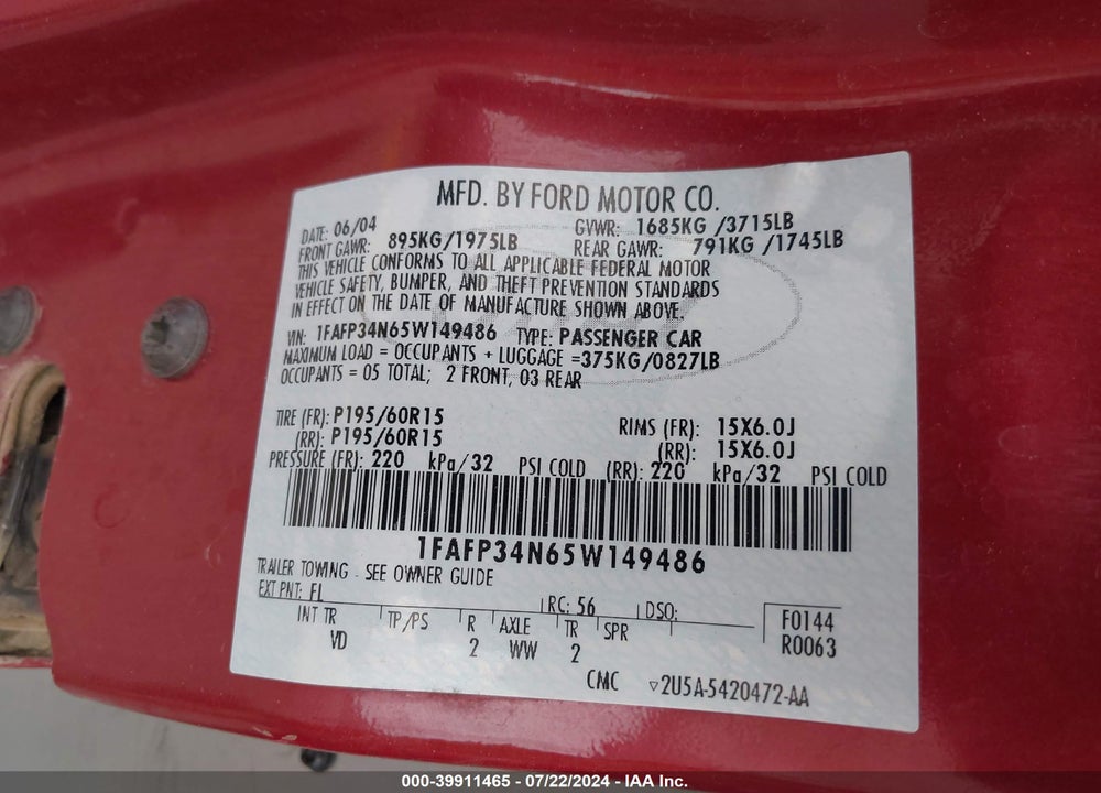 2005 FORD FOCUS ZX4 VIN: 1FAFP34N65W149486