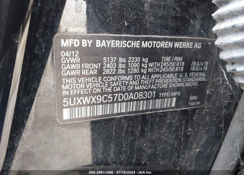 2013 BMW X3 XDRIVE28I VIN: 5UXWX9C57D0A08301