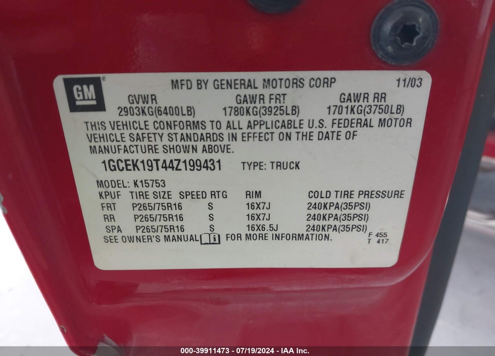 2004 CHEVROLET SILVERADO 1500 Z71 VIN: 1GCEK19T44Z199431