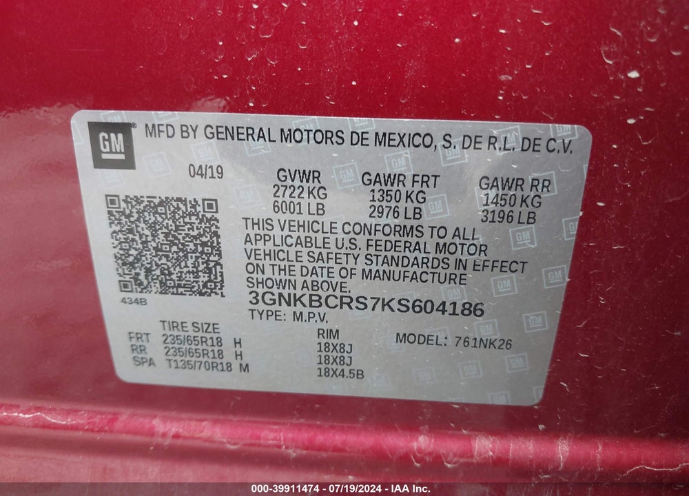2019 CHEVROLET BLAZER VIN: 3GNKBCRS7KS604186