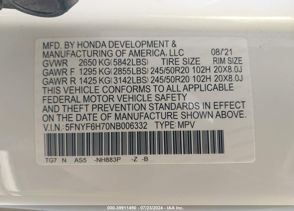 2022 HONDA PILOT AWD BLACK EDITION VIN: 5FNYF6H70NB006332