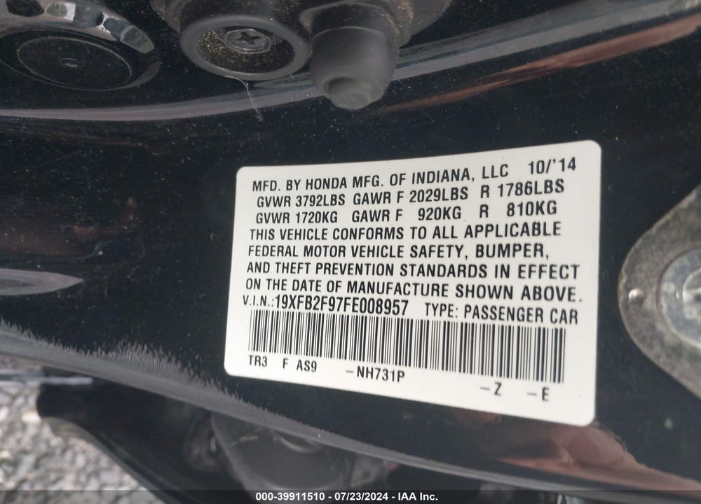 2015 HONDA CIVIC EX-L VIN: 19XFB2F97FE008957