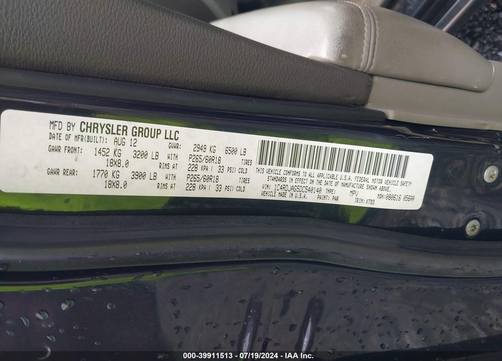 2013 DODGE DURANGO SXT VIN: 1C4RDJAG5DC540140