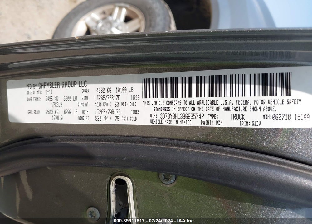 2011 RAM 3500 LAIE VIN: 3D73Y3HL3BG635742