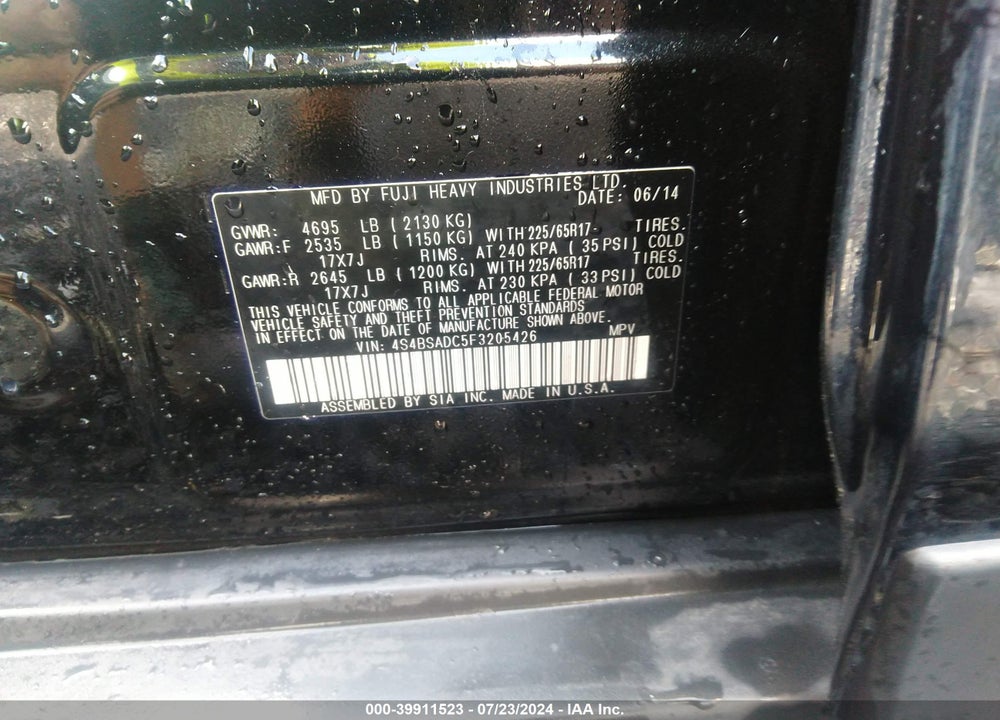 2015 SUBARU OUTBACK 2.5I PREMIUM VIN: 4S4BSADC5F3205426