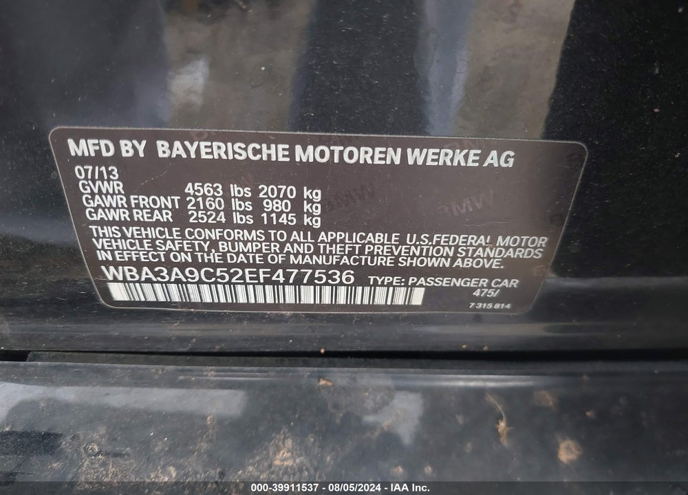 2014 BMW 335I VIN: WBA3A9C52EF477536