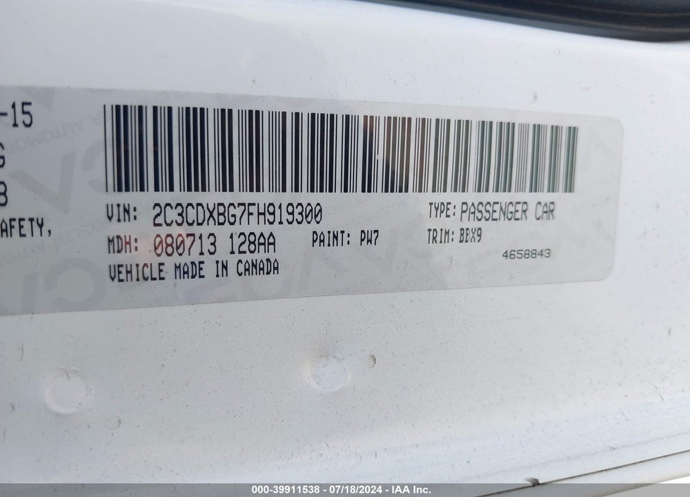 2015 DODGE CHARGER SE VIN: 2C3CDXBG7FH919300