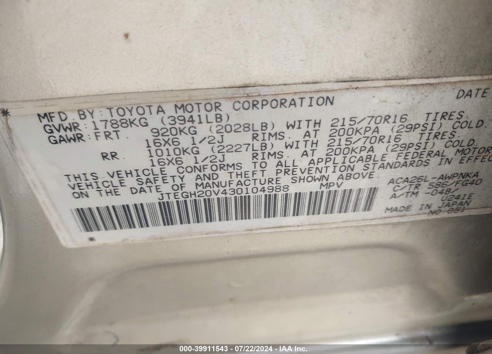 2003 TOYOTA RAV4 VIN: JTEGH20V430104988