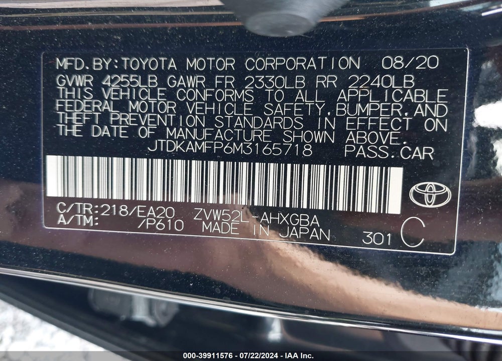 2021 TOYOTA PRIUS PRIME XLE VIN: JTDKAMFP6M3165718