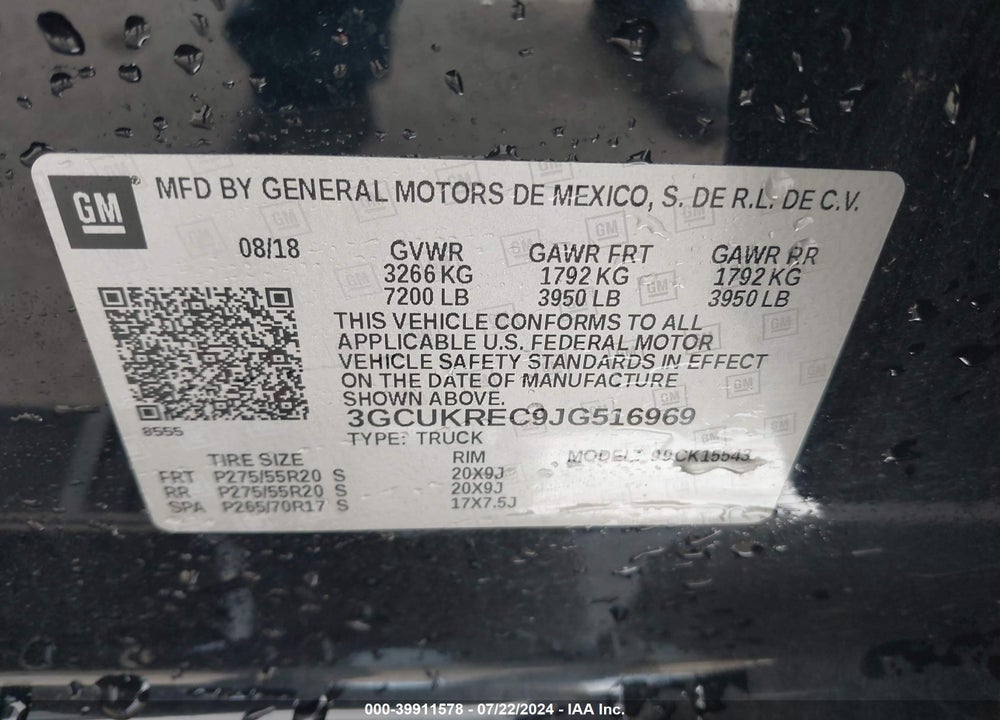 2018 CHEVROLET SILVERADO 1500 2LT VIN: 3GCUKREC9JG516969