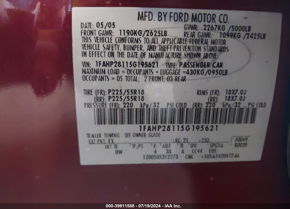 2005 FORD FIVE HUNDRED LIMITED VIN: 1FAHP28115G195621