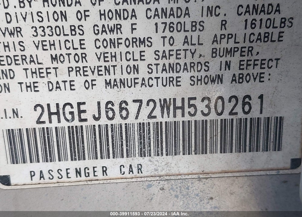 1998 HONDA CIVIC LX VIN: 2HGEJ6672WH530261