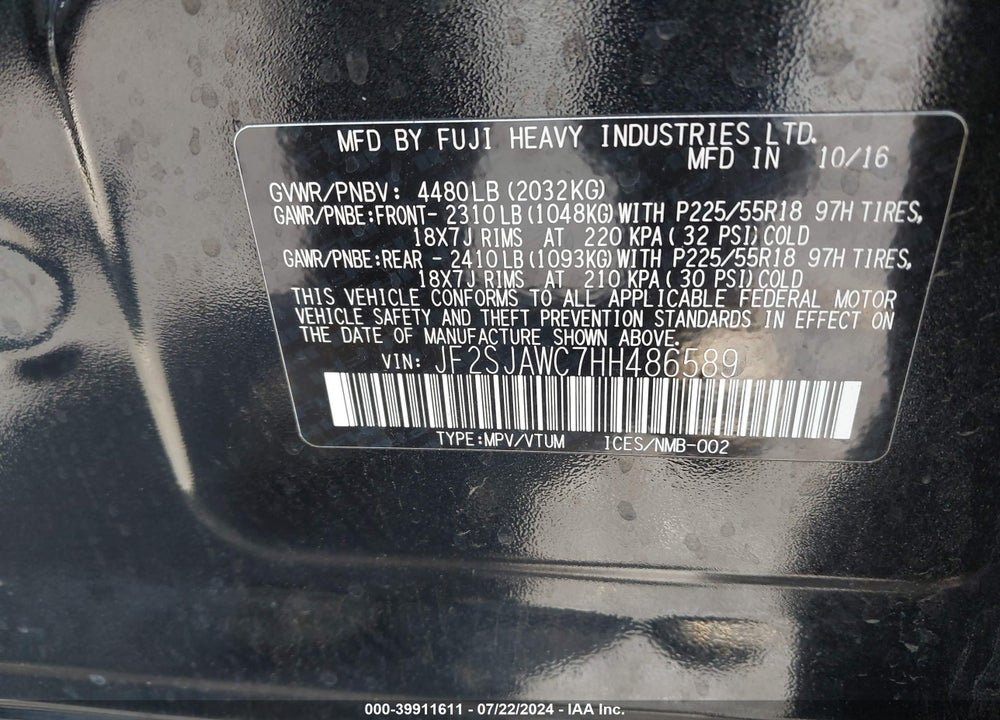 2017 SUBARU FORESTER 2.5I TOURING VIN: JF2SJAWC7HH486589