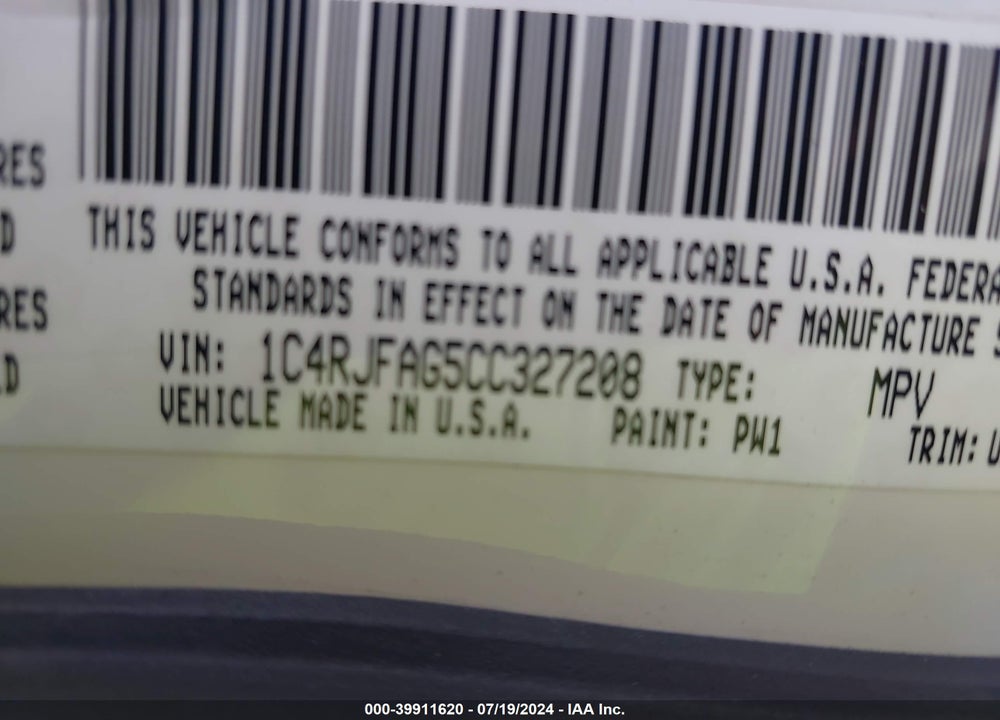 2012 JEEP GRAND CHEROKEE LAREDO VIN: 1C4RJFAG5CC327208