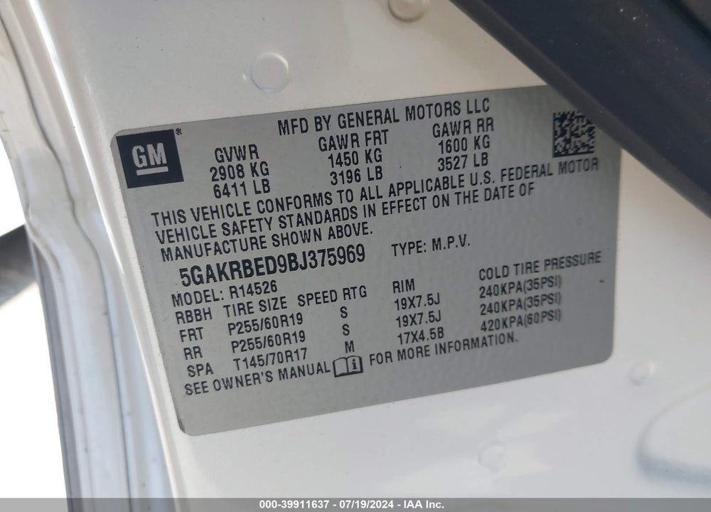 2011 BUICK ENCLAVE 1XL VIN: 5GAKRBED9BJ375969