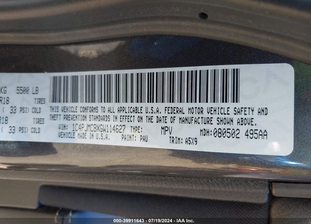 2016 JEEP CHEROKEE VIN: 1C4PJMCBXGW114627