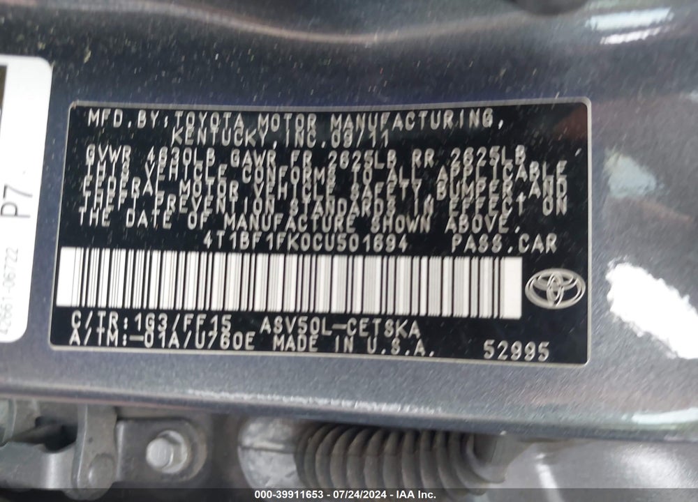 2012 TOYOTA CAMRY SE VIN: 4T1BF1FK0CU501694