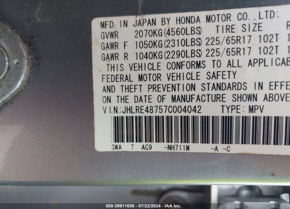 2007 HONDA CR-V EX-L VIN: JHLRE48757C004042