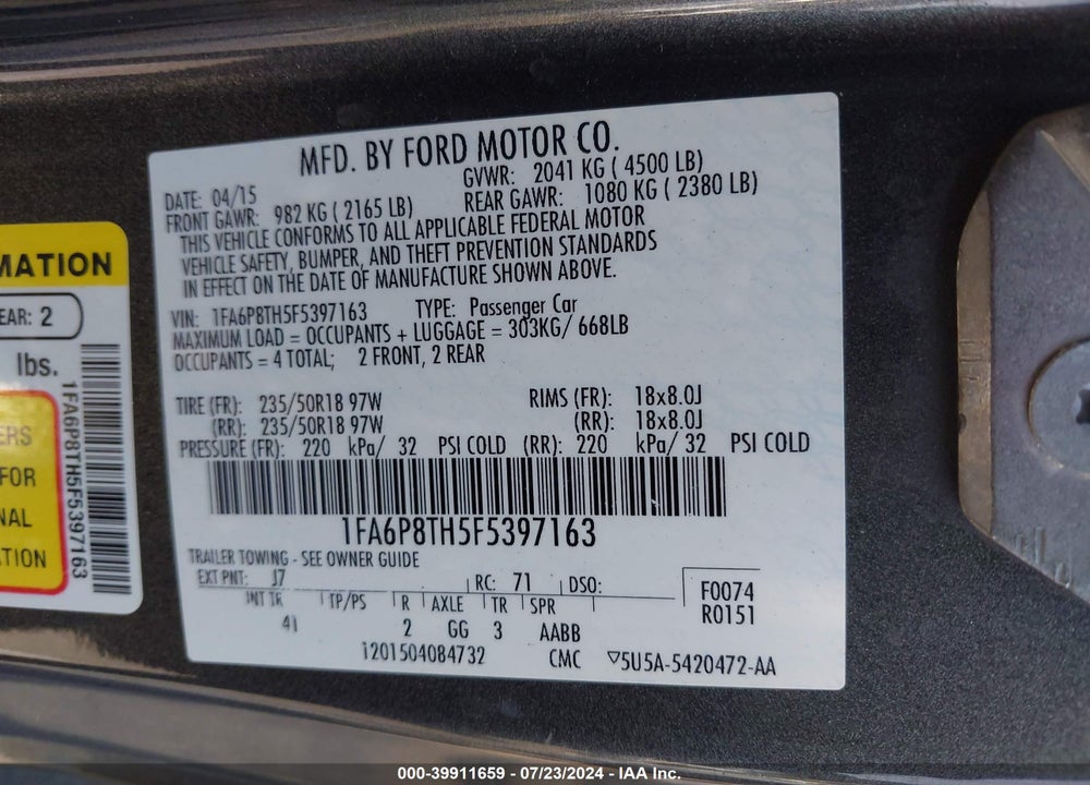 2015 FORD MUSTANG ECOBOOST VIN: 1FA6P8TH5F5397163