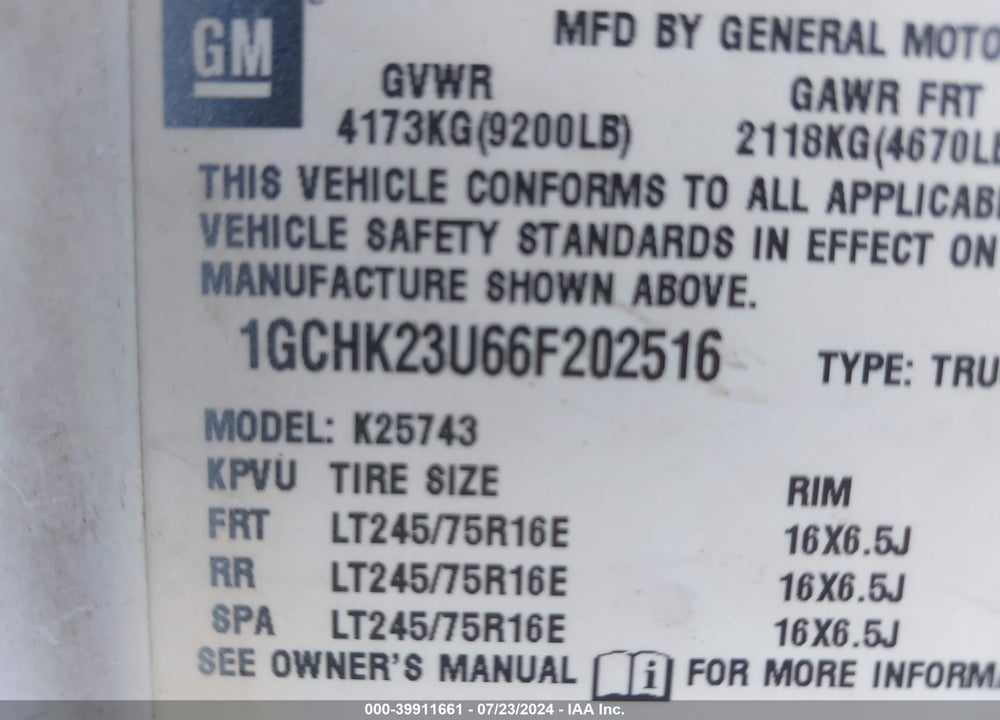 2006 CHEVROLET SILVERADO 2500HD LT2 VIN: 1GCHK23U66F202516