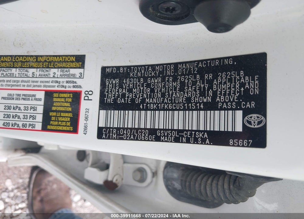 2012 TOYOTA CAMRY SE V6 VIN: 4T1BK1FK6CU511514