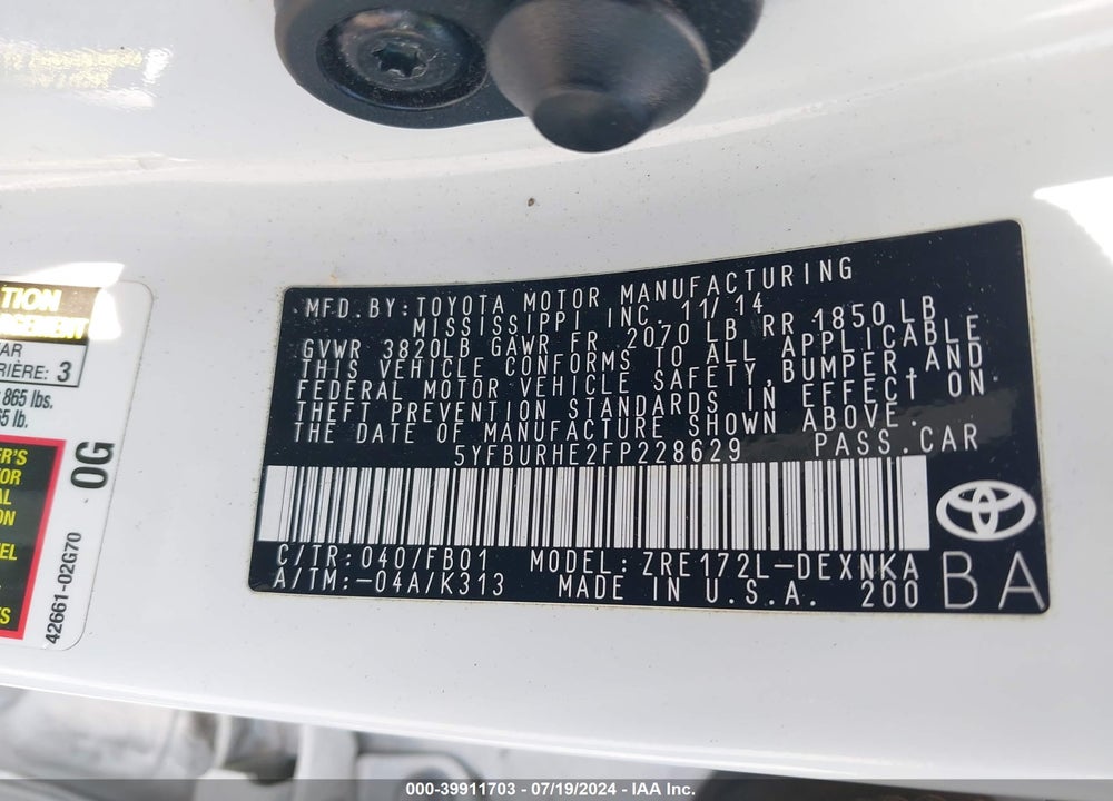2015 TOYOTA COROLLA VIN: 5YFBURHE2FP228629