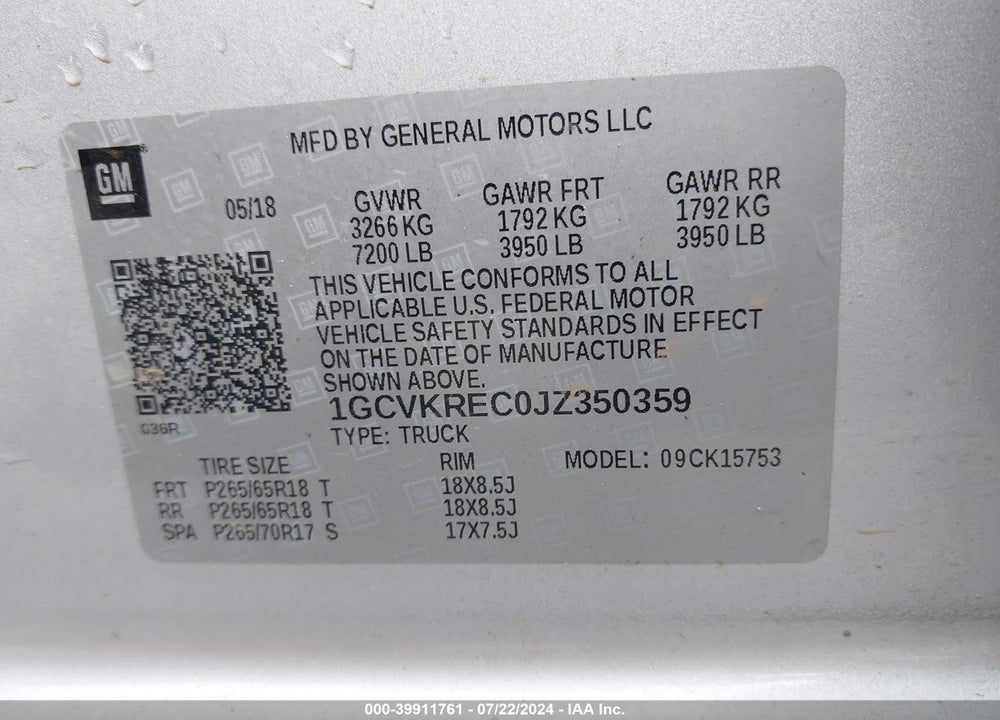 2018 CHEVROLET SILVERADO 1500 2LT VIN: 1GCVKREC0JZ350359