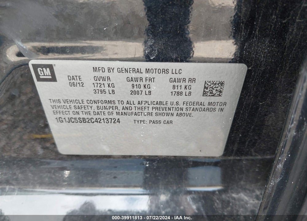2012 CHEVROLET SONIC VIN: 1G1JC5SB2C4213724