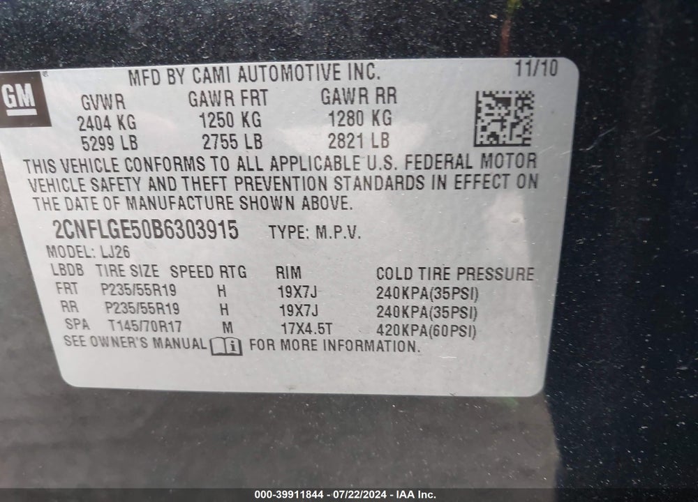 2011 CHEVROLET EQUINOX LTZ VIN: 2CNFLGE50B6303915