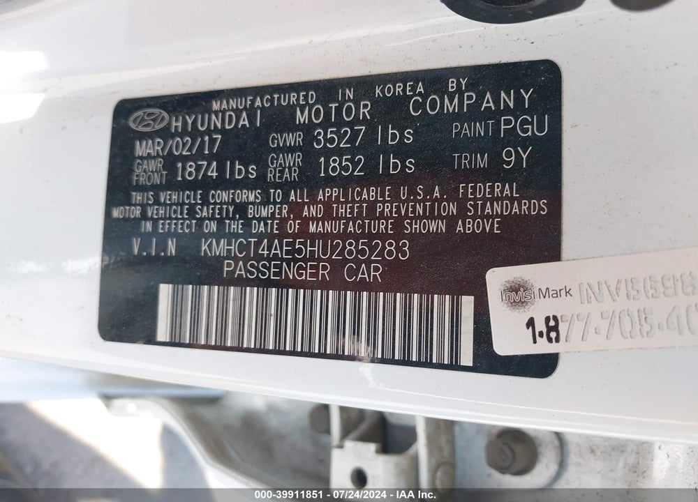2017 HYUNDAI ACCENT VALUE EDITION VIN: KMHCT4AE5HU285283