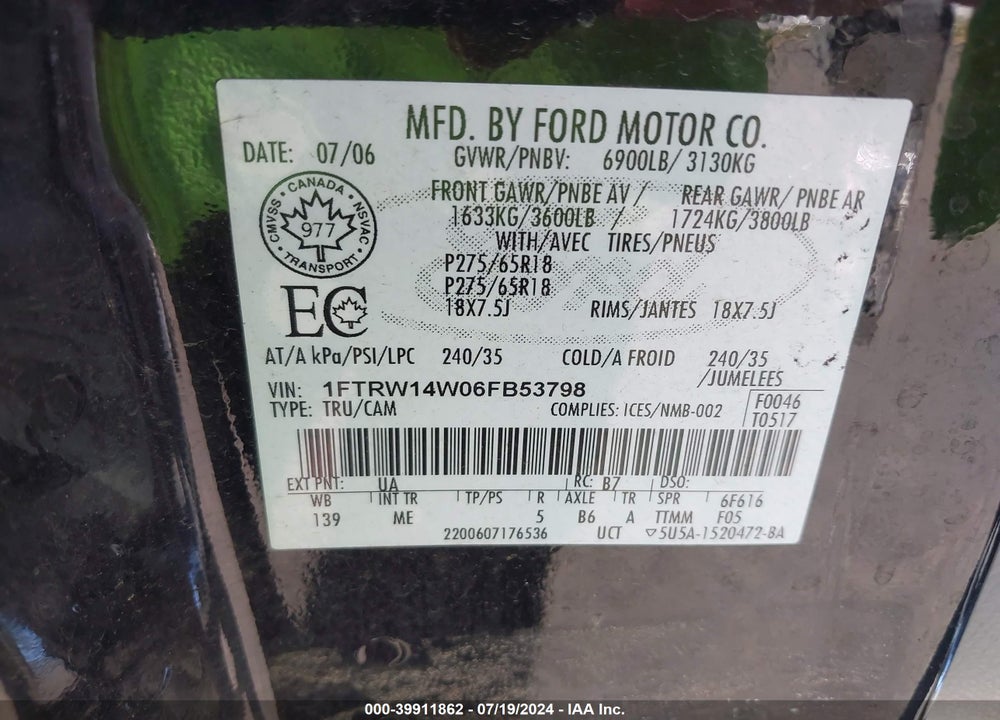 2006 FORD F-150 XLT VIN: 1FTRW14W06FB53798