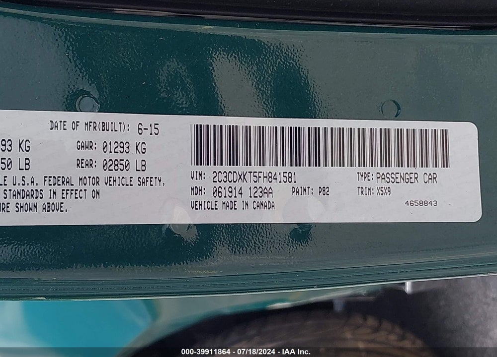 2015 DODGE CHARGER POLICE VIN: 2C3CDXKT5FH841581