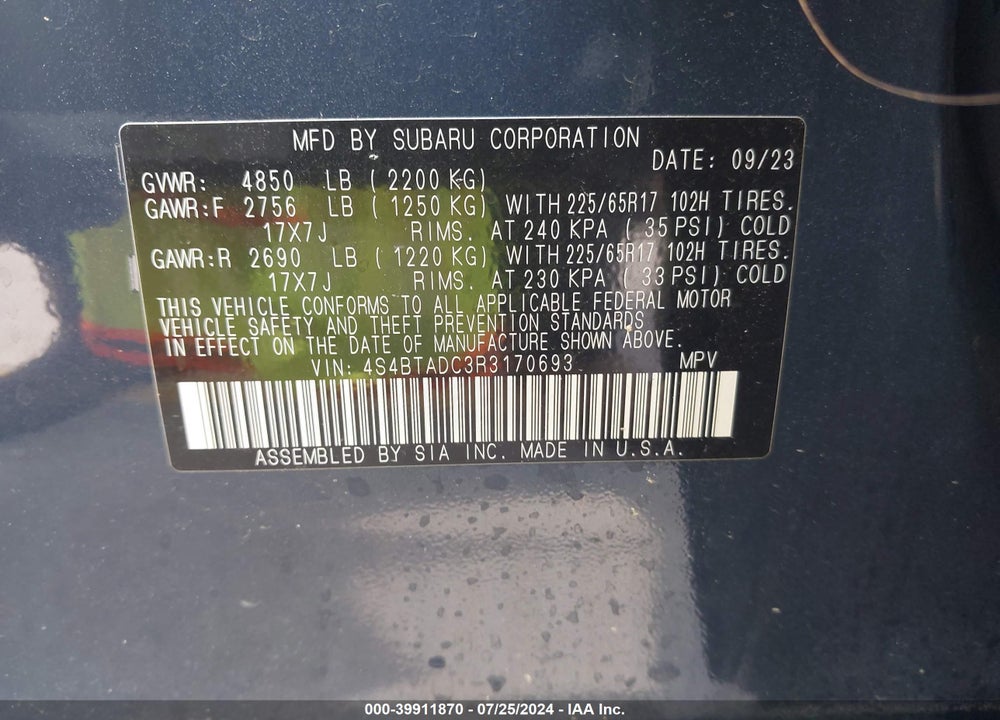 2024 SUBARU OUTBACK PREMIUM VIN: 4S4BTADC3R3170693