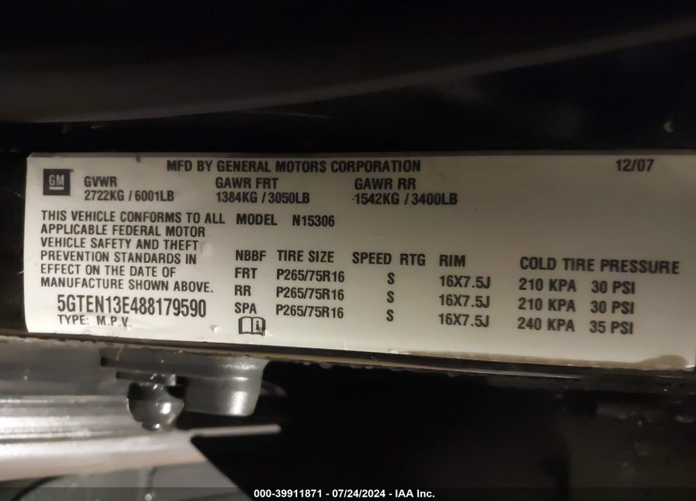 2008 HUMMER H3 SUV VIN: 5GTEN13E488179590