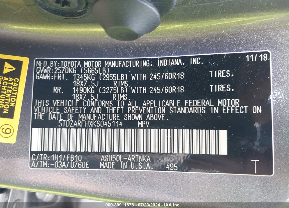 2019 TOYOTA HIGHLANDER LE VIN: 5TDZARFHXKS045114