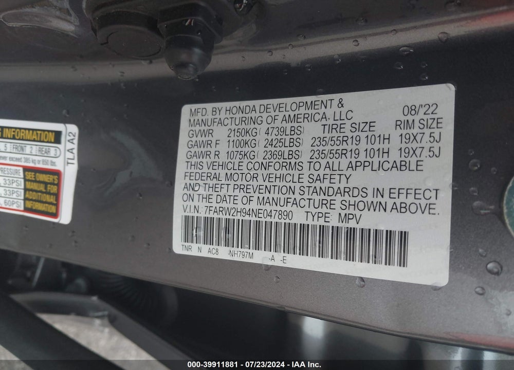 2022 HONDA CR-V AWD TOURING VIN: 7FARW2H94NE047890