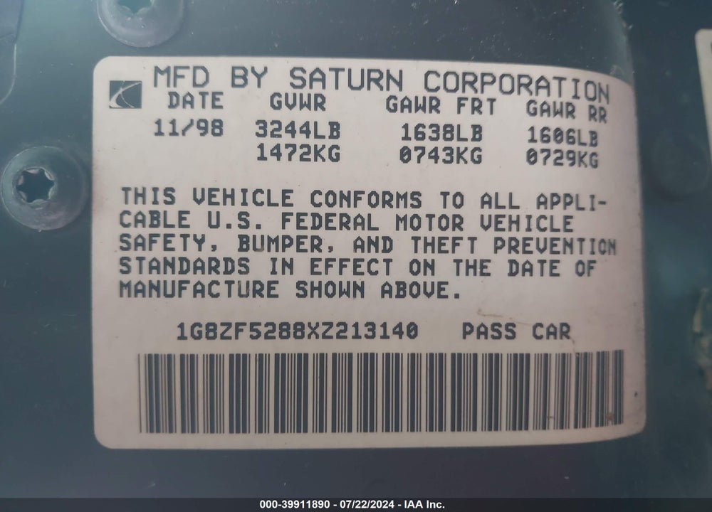 1999 SATURN SL (M5) VIN: 1G8ZF5288XZ213140