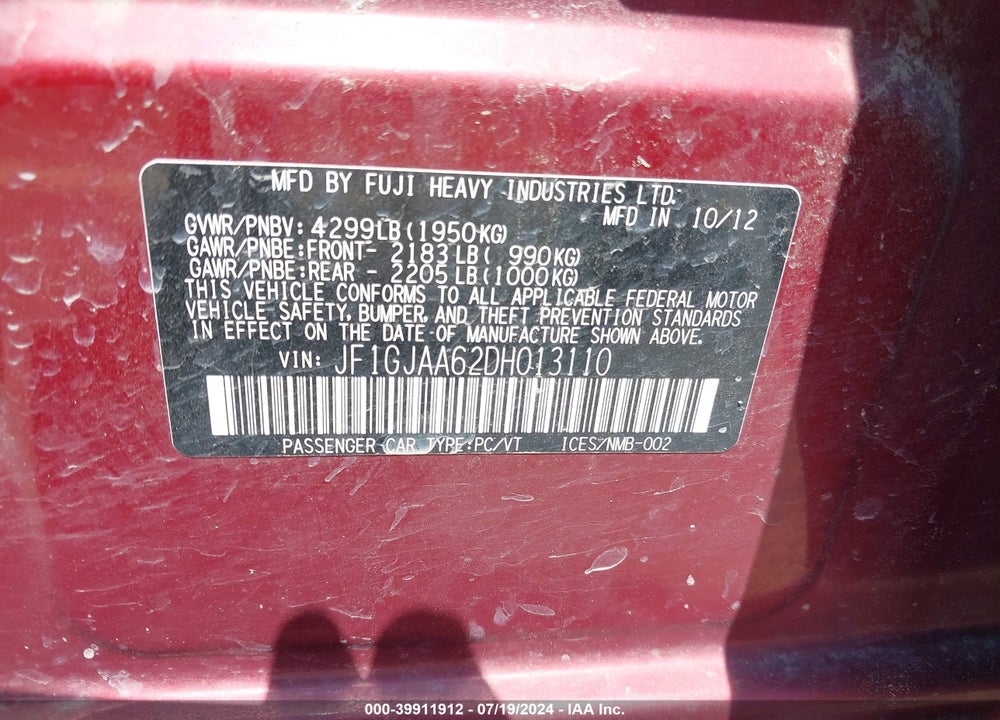 2013 SUBARU IMPREZA 2.0I VIN: JF1GJAA62DH013110