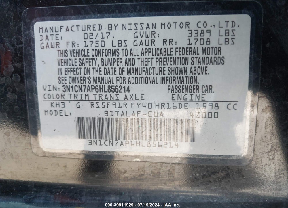 2017 NISSAN VERSA 1.6 S+ VIN: 3N1CN7AP6HL856214