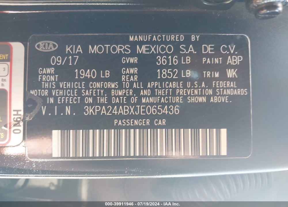2018 KIA RIO LX VIN: 3KPA24ABXJE065436