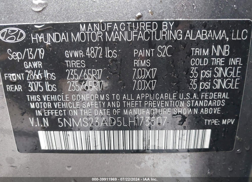 2020 HYUNDAI SANTA FE SE VIN: 5NMS23AD5LH173507
