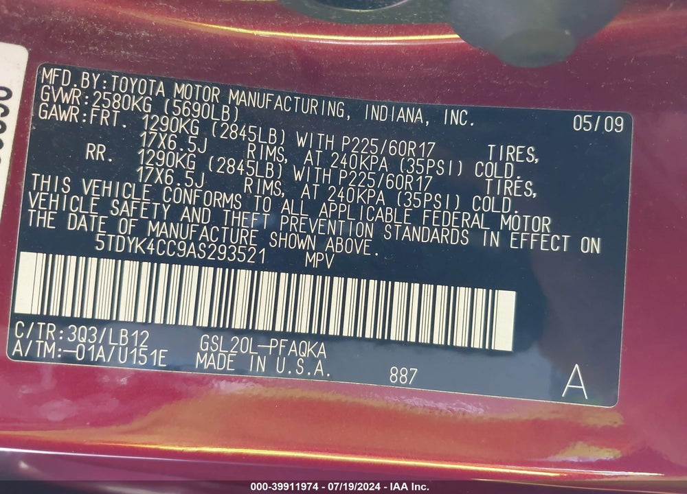 2010 TOYOTA SIENNA XLE VIN: 5TDYK4CC9AS293521